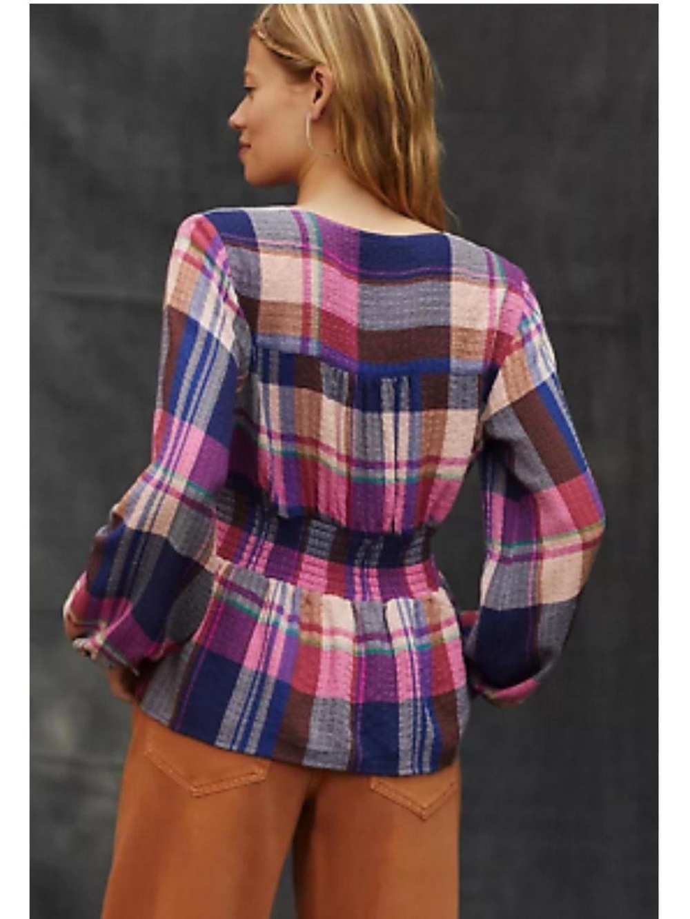 Pilcro Anthropologie Plaid Boho Peplum Top V-Neck Smocked Waist Cottagecore S - Picture 2 of 11